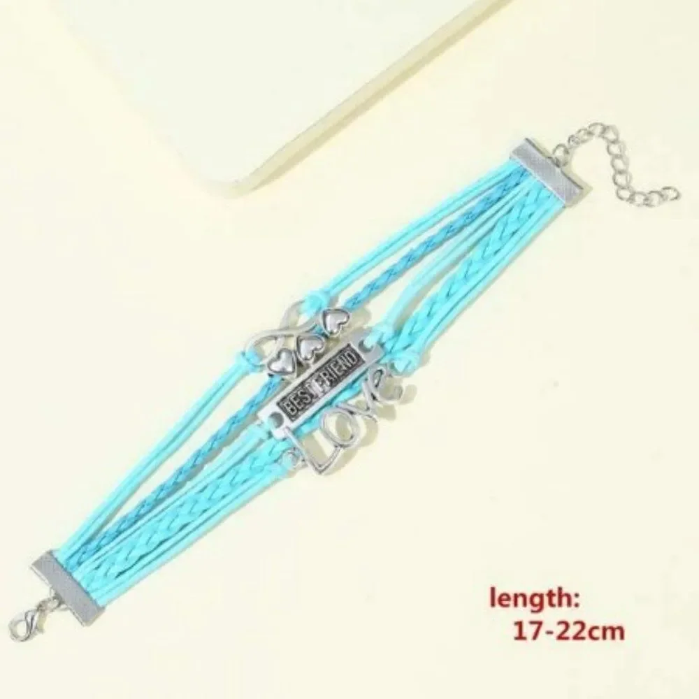 INFINITY LOVE HEART BEST FRIEND LEATHER LAYERED BRACELET IN BLUE AND SILVER